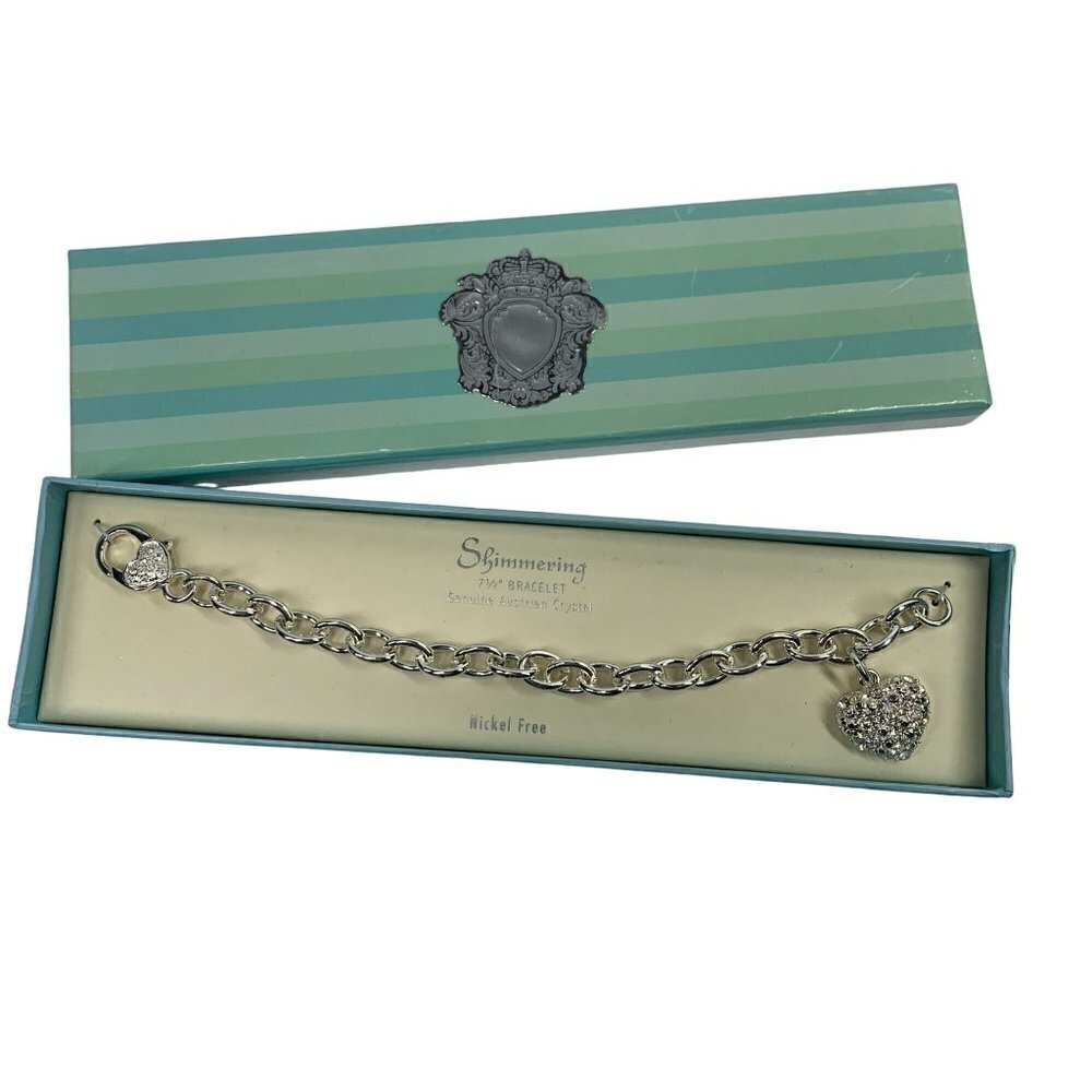 Austrian Crystal Shimmering Silver Tone Charm Bracelet With Heart Charm 7.5" NIB